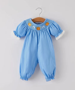Blue Smocked Pumpkin Romper