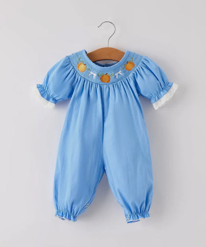 Blue Smocked Pumpkin Romper