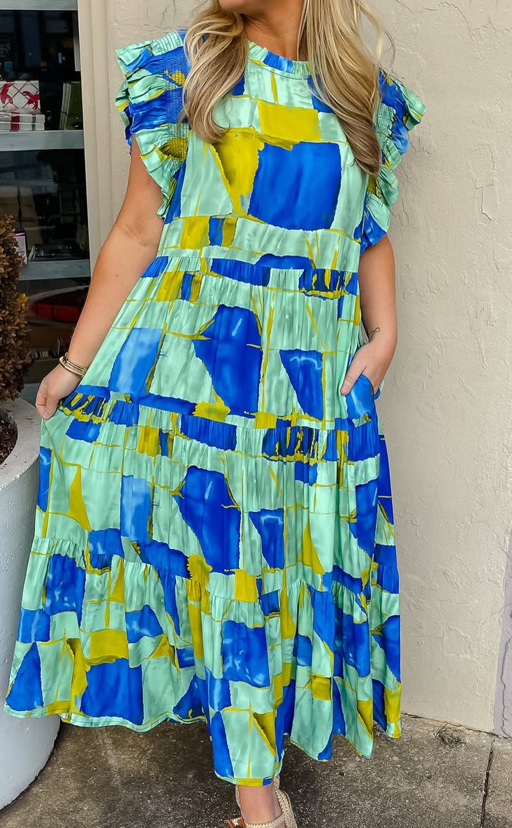 Paint Me Blue Tiered Midi Dress