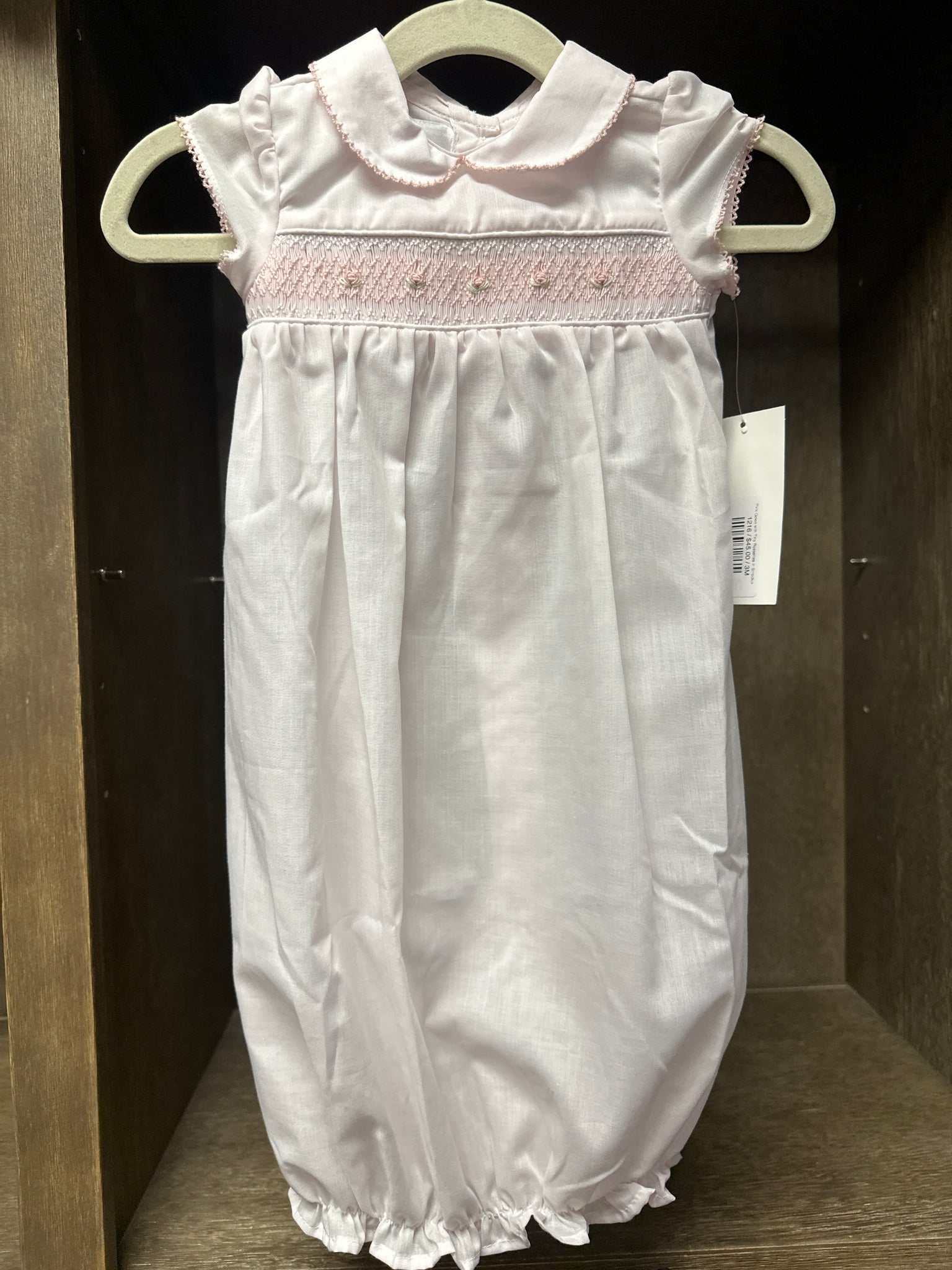 Pink Gown with Tiny Rossettes in Smocking Elastic Bottom