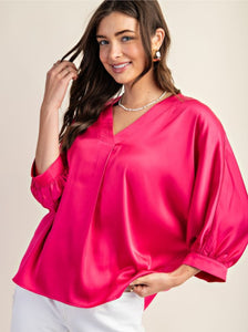V-neck three-quarter length sleeve fuchsia blouse