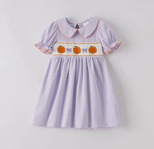 Purple Striped Smocked Pumpkin Dress