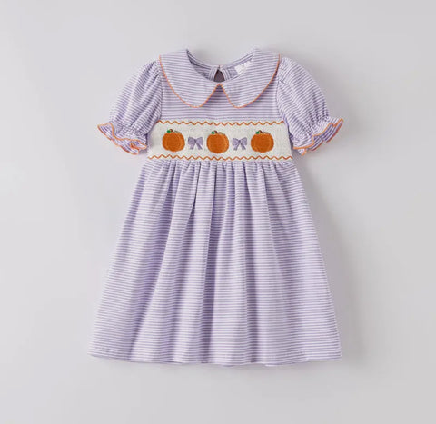 Purple Striped Smocked Pumpkin Dress