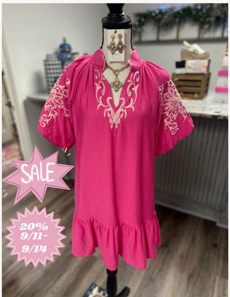 Embroidered Puff Sleeve Tiered Mini Dress