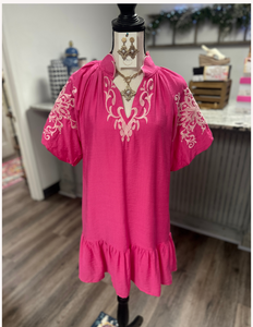 Embroidered Puff Sleeve Tiered Mini Dress