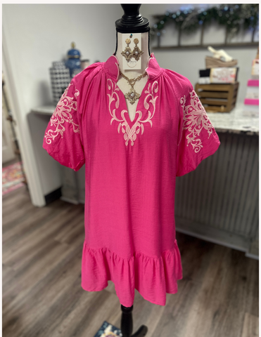 Embroidered Puff Sleeve Tiered Mini Dress