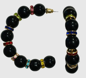 Black Bead And Rhinestone Hoop Earrings
