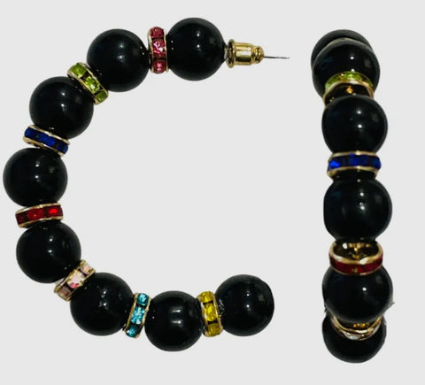 Black Bead And Rhinestone Hoop Earrings