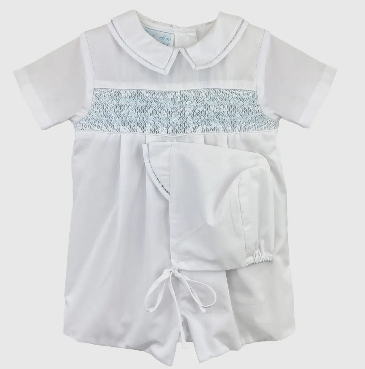 White Romper with Blue Smocking
