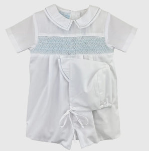 White Romper with Blue Smocking