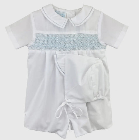 White Romper with Blue Smocking