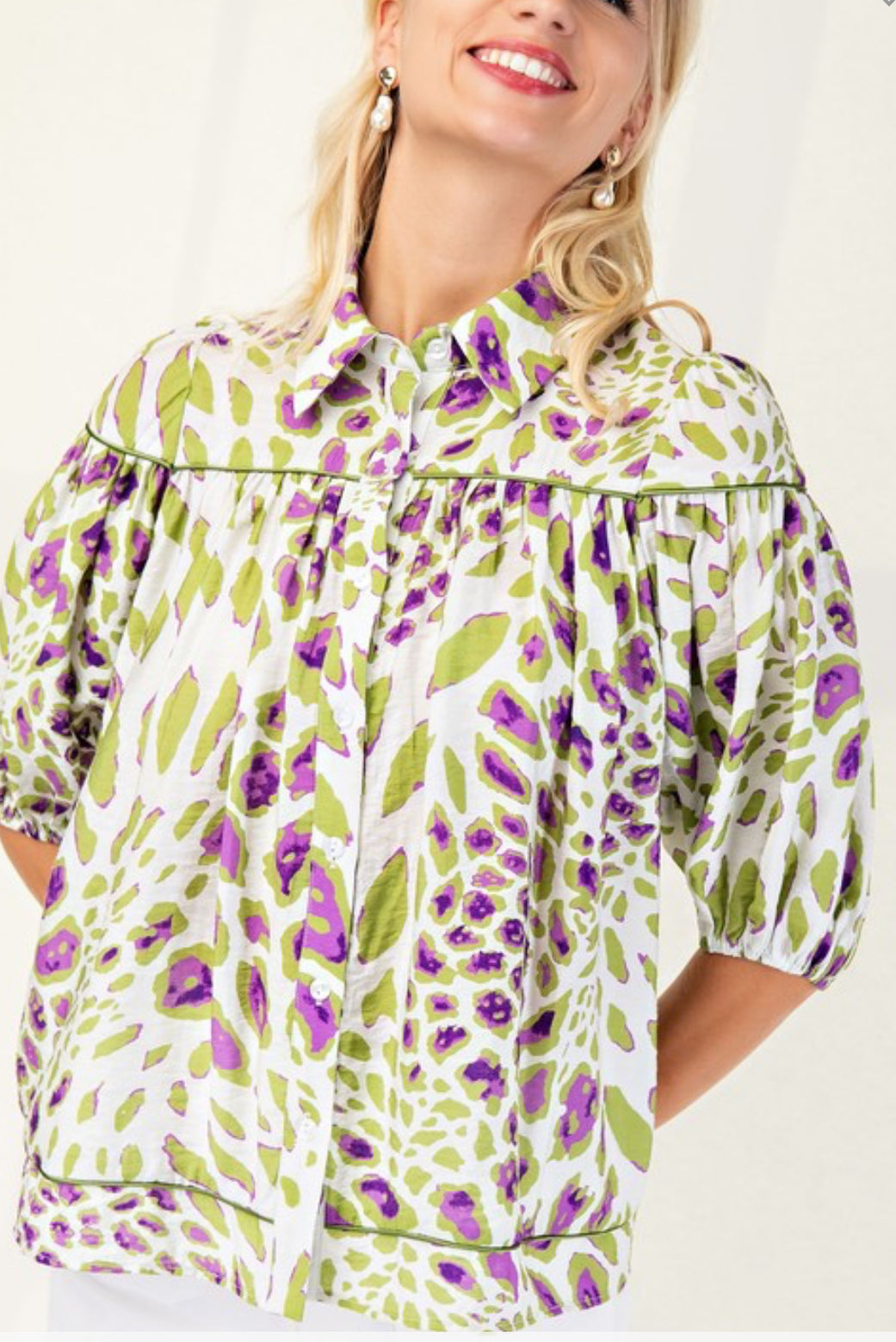 Green leopard print button down blouse