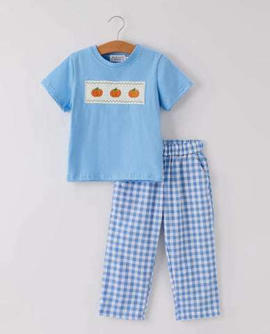 Blue Smocked Pumpkin Pant Set