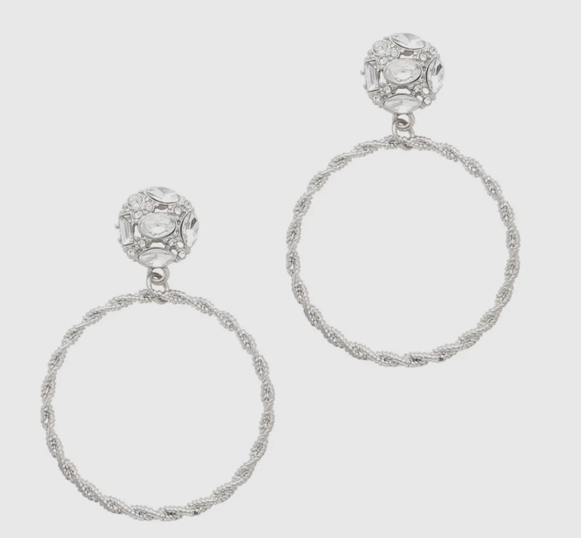Rhinestone Drop Hoop Earrings (Silver or Gold)