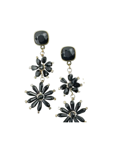 Black Flower Gem Dangle Earrings