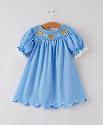 Blue Smocked Pumpkin Dress