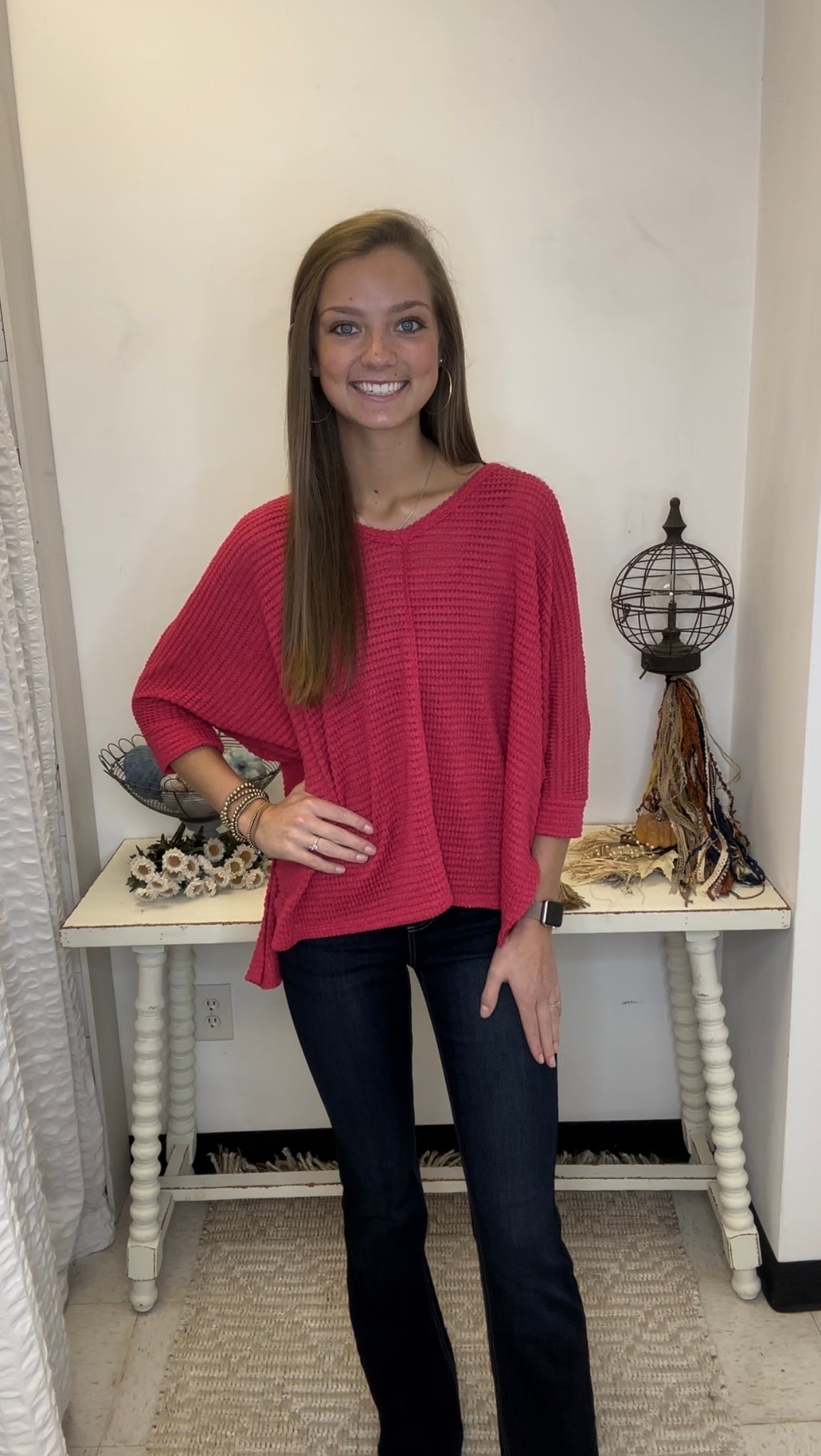 3/4 Sleeve V-Neck High Low Hem Jacquard Viva Magenta Sweater