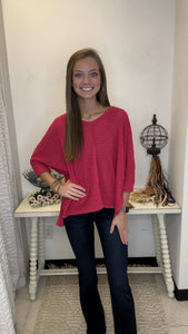 3/4 Sleeve V-Neck High Low Hem Jacquard Viva Magenta Sweater