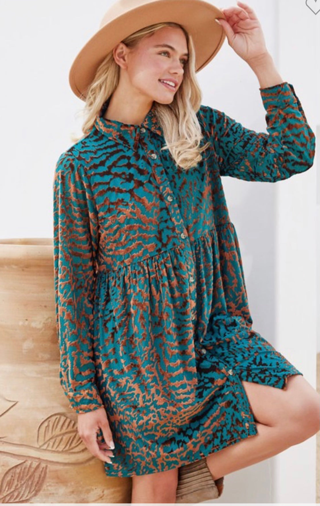 REG Teal Button Down Dress with a Brown Leopard Print