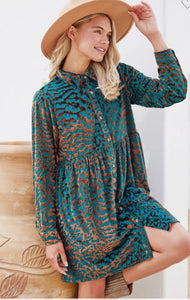 REG Teal Button Down Dress with a Brown Leopard Print