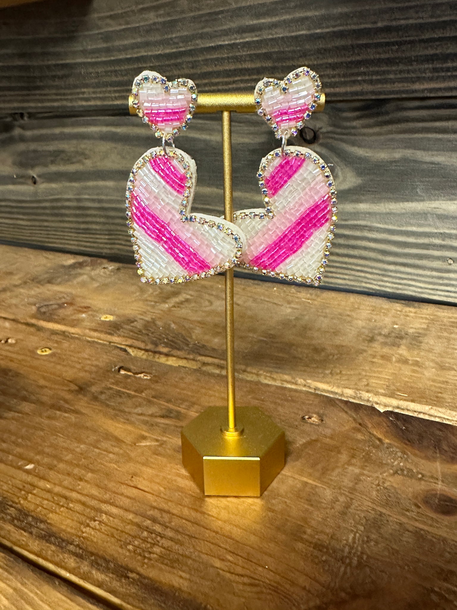 Pink and White Beaded Heart Earrings