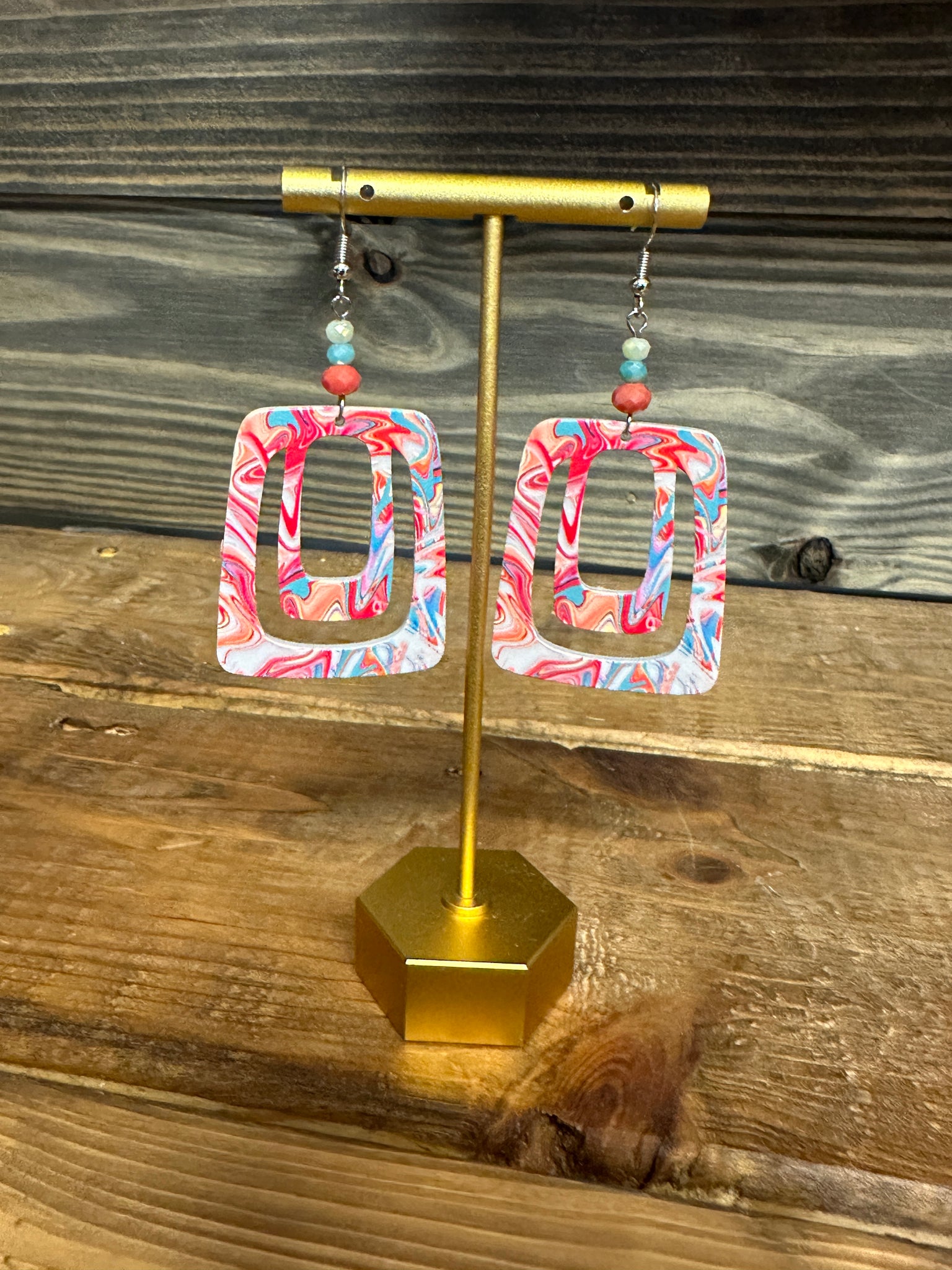 Coral and Turquoise Swirl Paint Dangle Beaded Earrings
