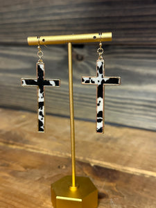 Cow Print Faux Fur Cross Earrings Outlined in Gold