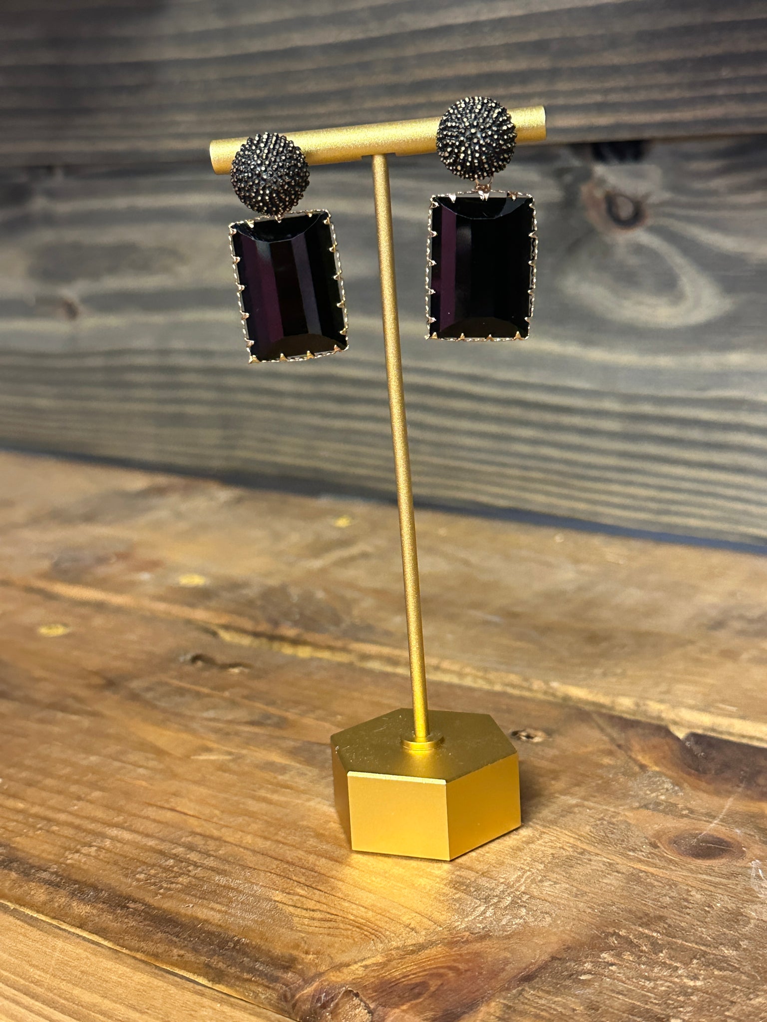 Black and Gold Stone Rectangle Earrings