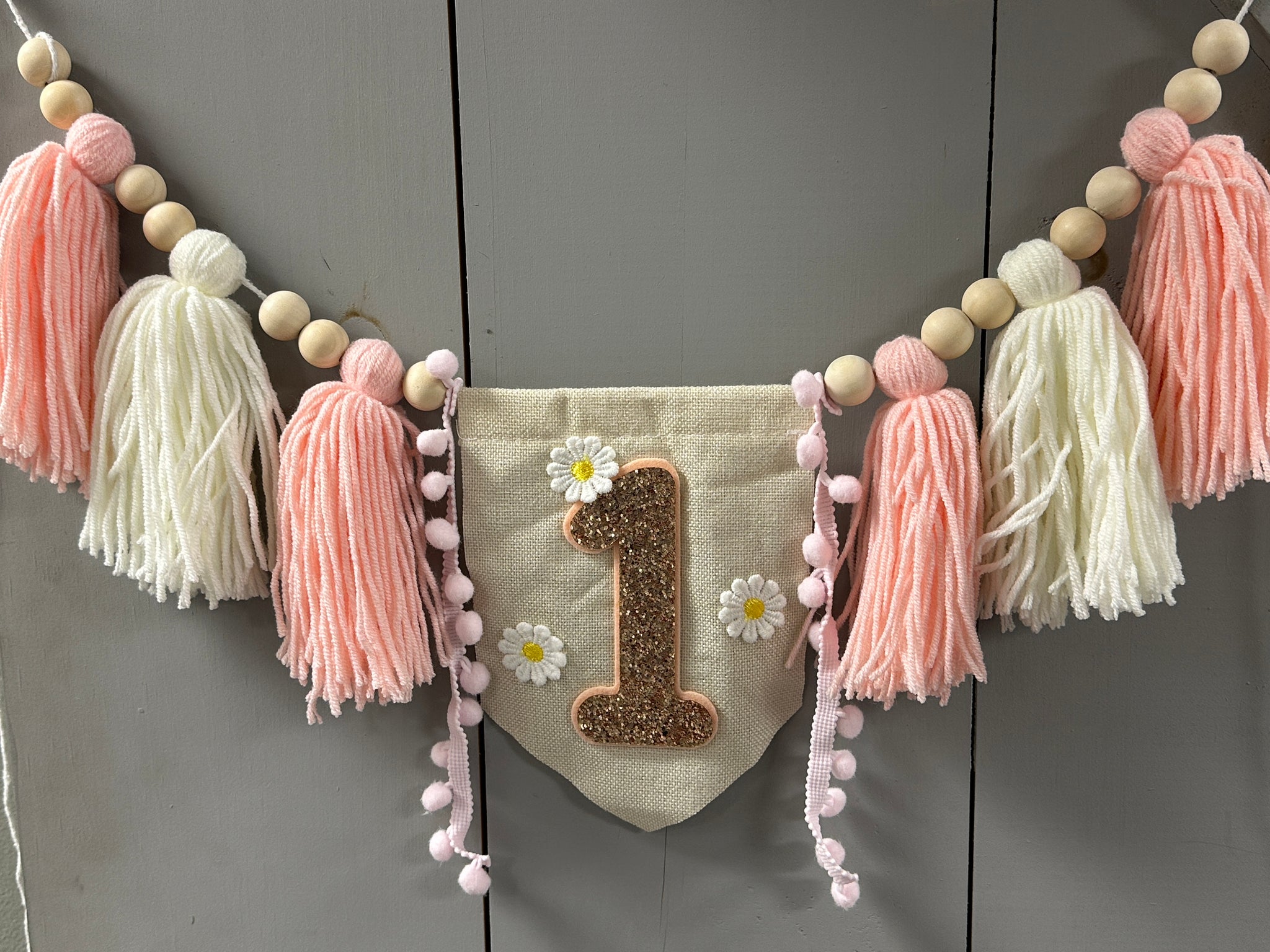 Pink and White Tassel 1st Birthday Daisy 20" Banner