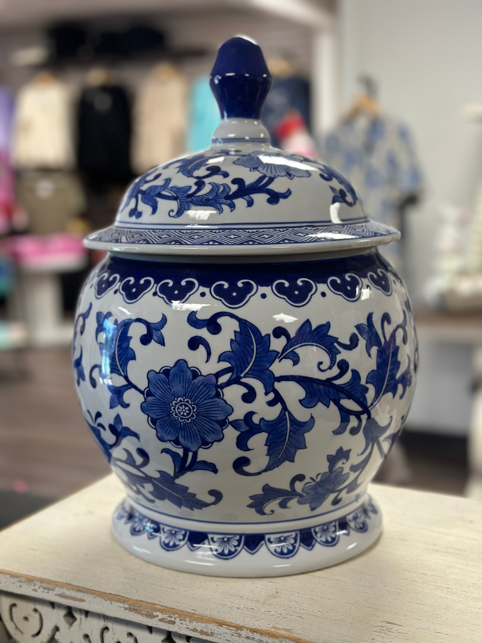 Large Blue and White Ginger Jar with Lid