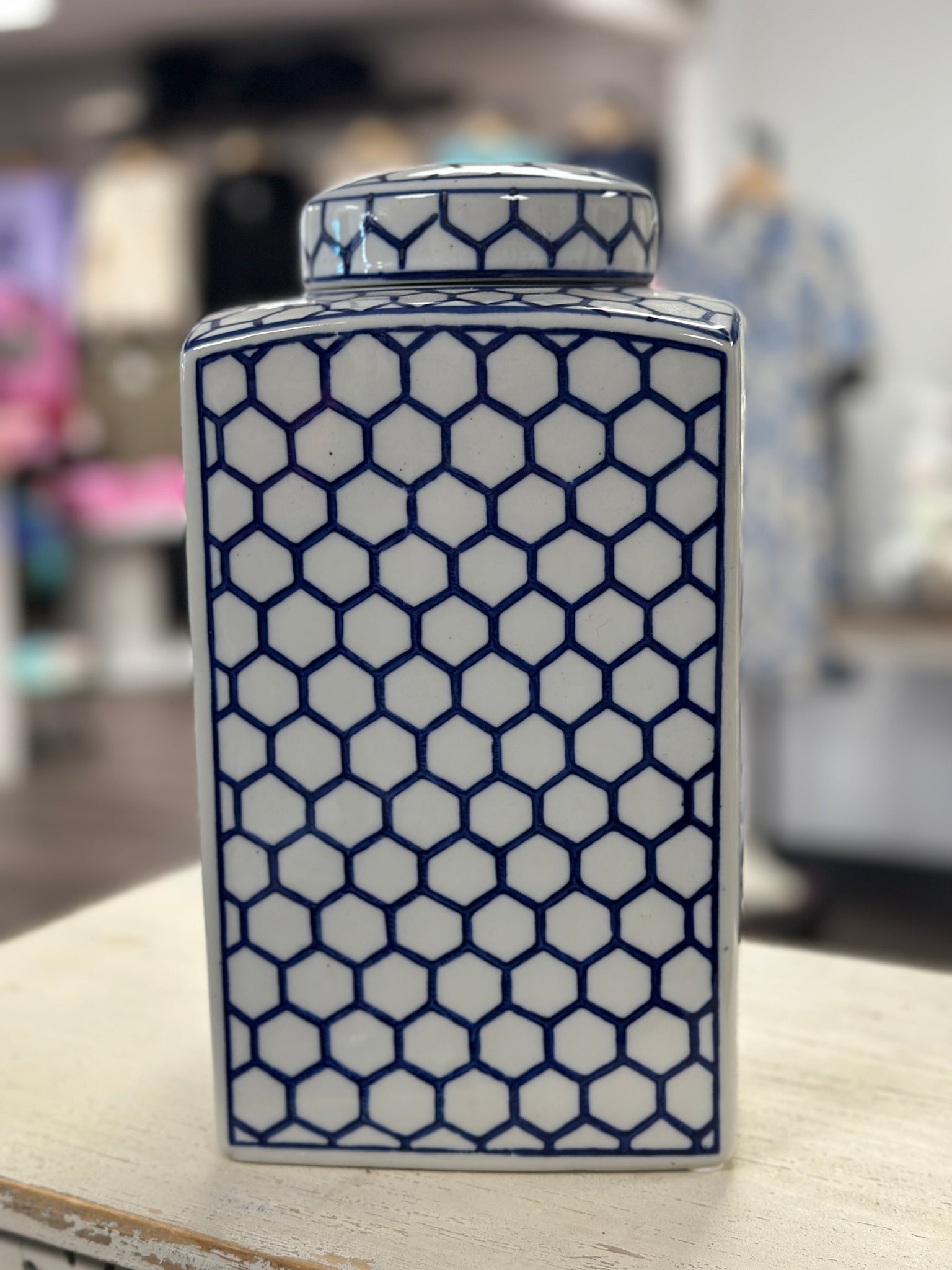 11" Blue and White Rectangle Ginger Jar with Small Honeycomb Shapes