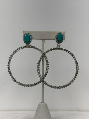 Western Style Silver and Turquoise Hoop Earrings