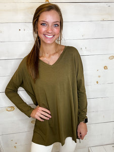 Dolman Long Sleeve V-Neck Side Slit High Low Hem Tops