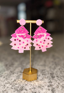 Beaded Christmas Tree Earrings- Pink