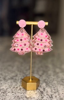 Pink Christmas Tree Earrings- Beaded
