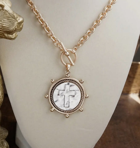 Cross Coin Chain Necklace with Toggle Front Closure