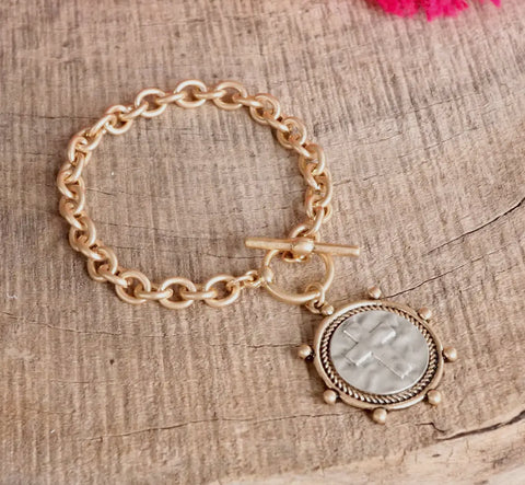 Cross Coin Chain Braclet with Toggle Closure