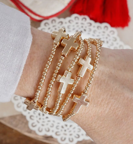 Gold Sideways Cross Stretchy Bracelet