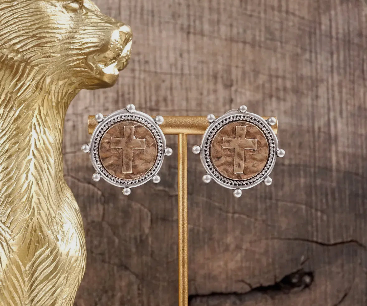Gold Two Tone Cross Coin Earrings