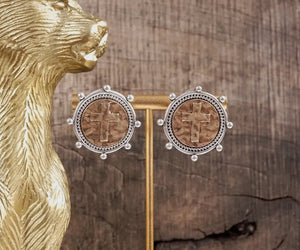 Gold Two Tone Cross Coin Earrings