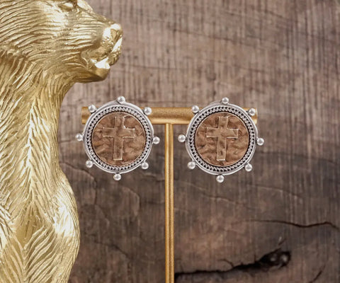 Gold Two Tone Cross Coin Earrings