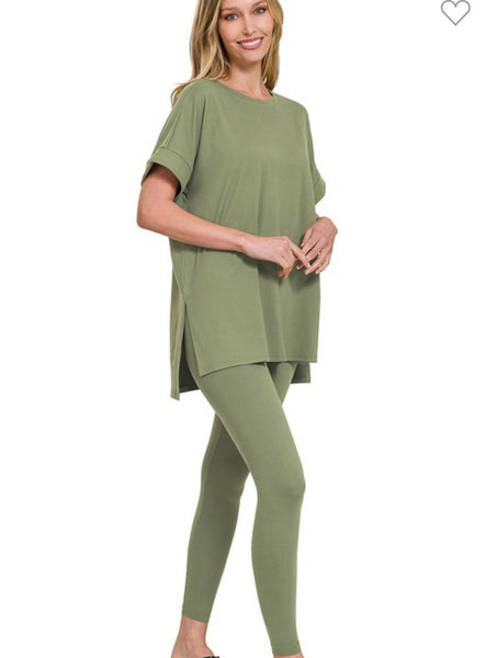 Rolled Sleeve Side Slit High-Low Hem Microfiber Short Sleeve Top (S-XL)