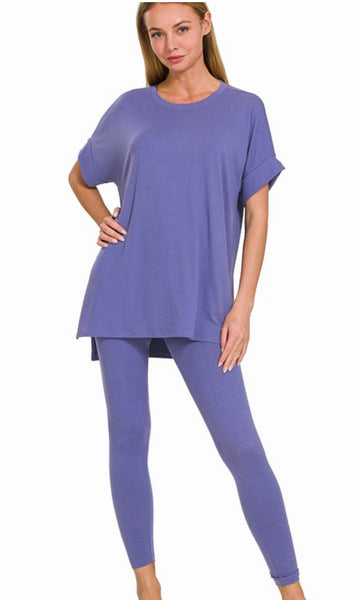 Rolled Sleeve Side Slit High-Low Hem Microfiber Short Sleeve Top (S-XL)