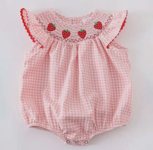Girl's Strawberry Smocked Bubble
