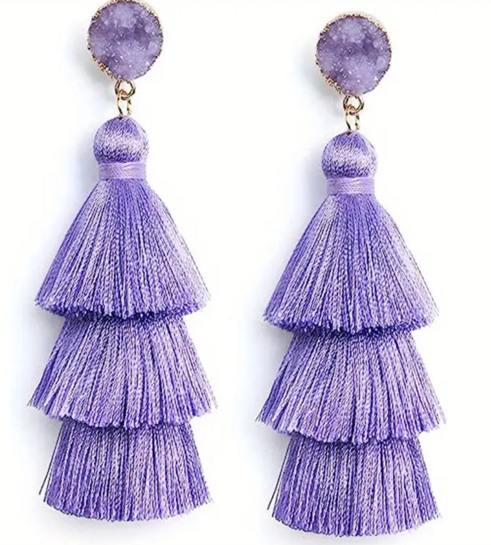 Purple Tassel Earrings with Crystal Stud