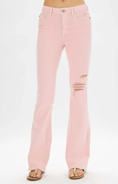 Judy Blue Candy Cloud Pink Distressed Denim Flare Jeans