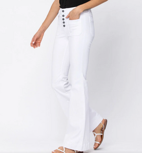 White Judy Blue Button Fly Patch Pocket Flare Jeans