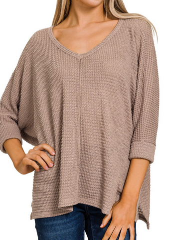3/4 Sleeve V-Neck High Low Hem Jacquard Lt Mocha Sweater