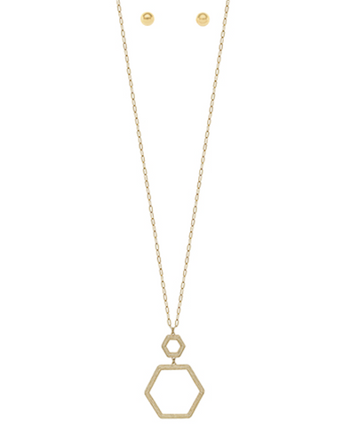 Gold Double Hexagon Necklace Earring Set
