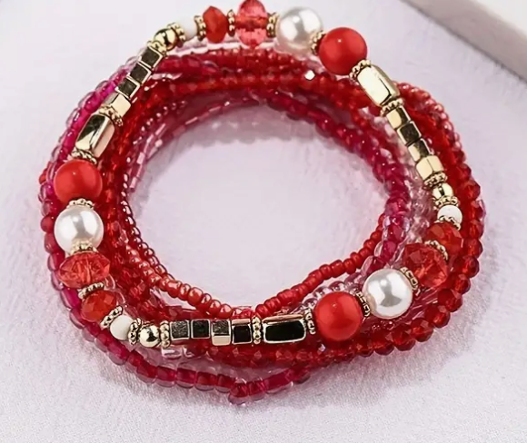 Red and Gold Multi-Layer Glass Beaded Bracelet Set